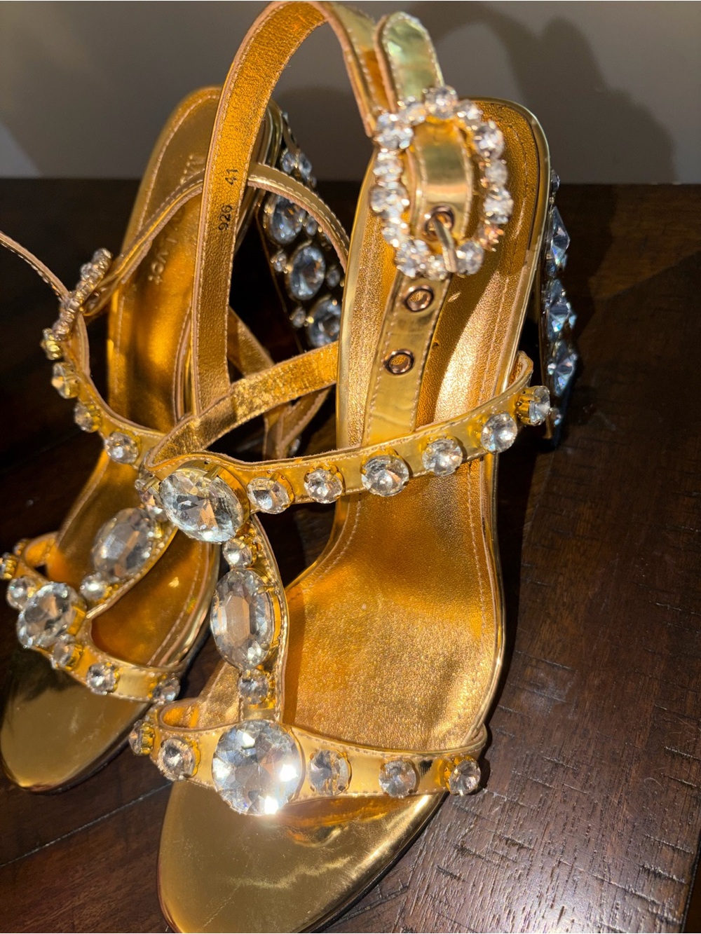Crystal-Embellished Gold Block Heel Sandals — Women’s Evening Heels